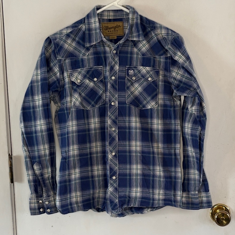 Wrangler blue white plaid long sleeve button down western shirt Size XL